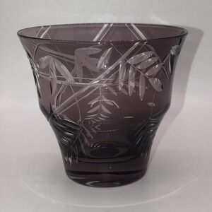 Toyo Sasaki Sake Rocks Glass Purple Etched Leaf Design 3.5"